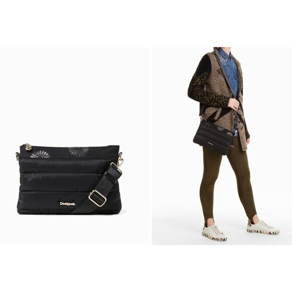Desigual Black Handbag Floral Magic Durban Negro  Pockets Crossbody Puffer Bag - Picture 1 of 8